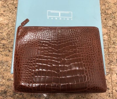 Tardini Marrón Brillante Caimán Cremallera Alrededor Portafolio Estuche Bolso Adjunto Foto 1 de 4