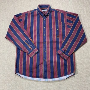 VINTAGE Bugle Boy Striped Shirt Mens Medium Burgundy Blue 90s Button Down USA - Picture 1 of 11