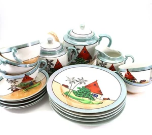 Lusterware TEA SET 20-Piece Set Cottage or House Scene Palm Trees Opalescent - Picture 1 of 24