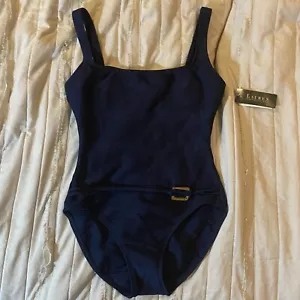 Vtg Lauren Ralph Lauren Swimsuit Womens 8 Navy Embossed Stripe One Piece NWT - Picture 1 of 13