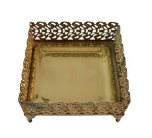 Vintage Hollywood Regency Reticulated Tray Footed Goldtone Square - Picture 1 of 8
