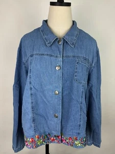 Vintage 90s Cropped Denim Shirt XL Floral Embroidered Rainbow Hippie Bohemian - Picture 1 of 11
