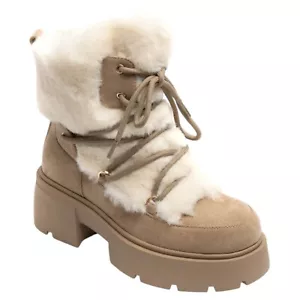 Damen Gefütterte Stiefelette Mit Kunstpelz und Reißverschluss Blockabsatz Taupe - Bild 1 von 4