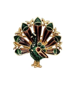 Trifari Peacock Brooch Green Enamel Vintage Pin, Signed - Picture 1 of 9