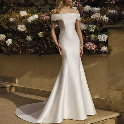 Off the Shoulder Wedding Dress Short Sleeves Classic Mermaid Floor Length - Image 1 of 4