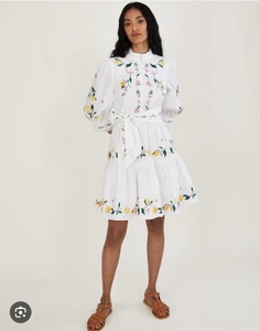 Vestido Monzón Lyla Talla US 6 UK 10 Limones Bordado Blanco Forrado Con Cinturón NUEVO - Imagen 1 de 24