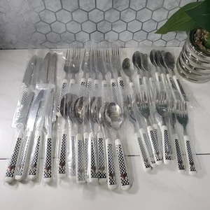 Black and White Checkered Rooster Pattern 40 Piece Flatware Set - Picture 1 of 19