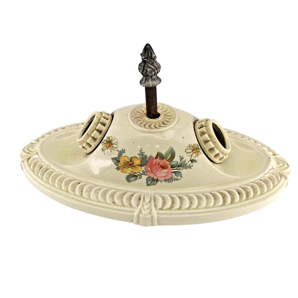 early 1900s Embossed 2-Bulb Ceramic Ceiling Sconce Light Floral UNTESTED - Image 1 of 4