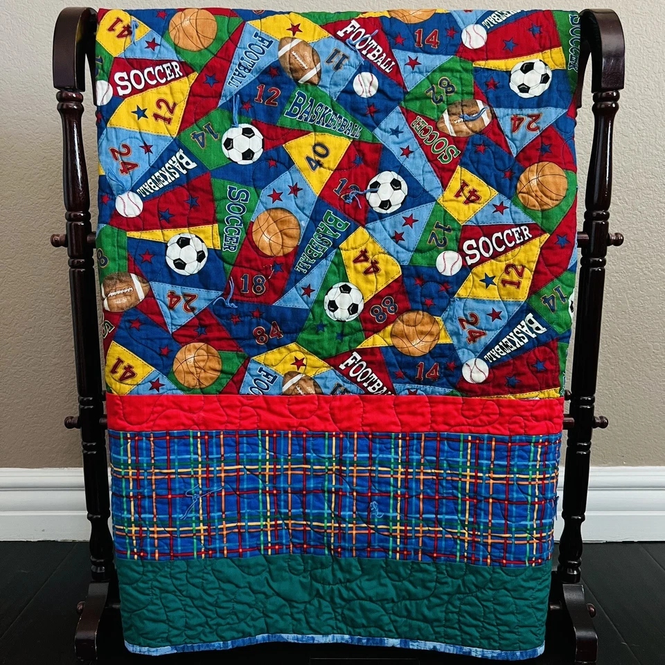 40”x56” Kids Sports Quilt Handmade Multicolor Football Baseball Sports .  - Image 1 of 4