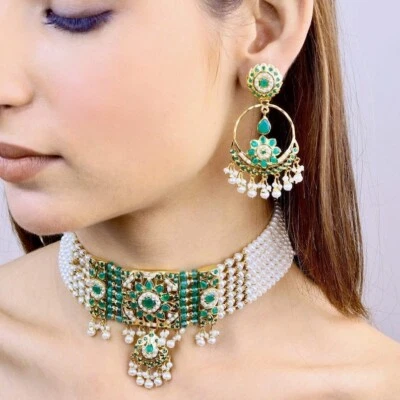 Conjunto de collar de perlas verdes Jadau boda nupcial mujer joyería india Bollywood Foto 1 de 4