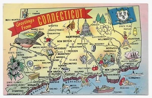 Postcard CT Connecticut Map Postcard with Great Feature Illustrations — D29 - Picture 1 of 2