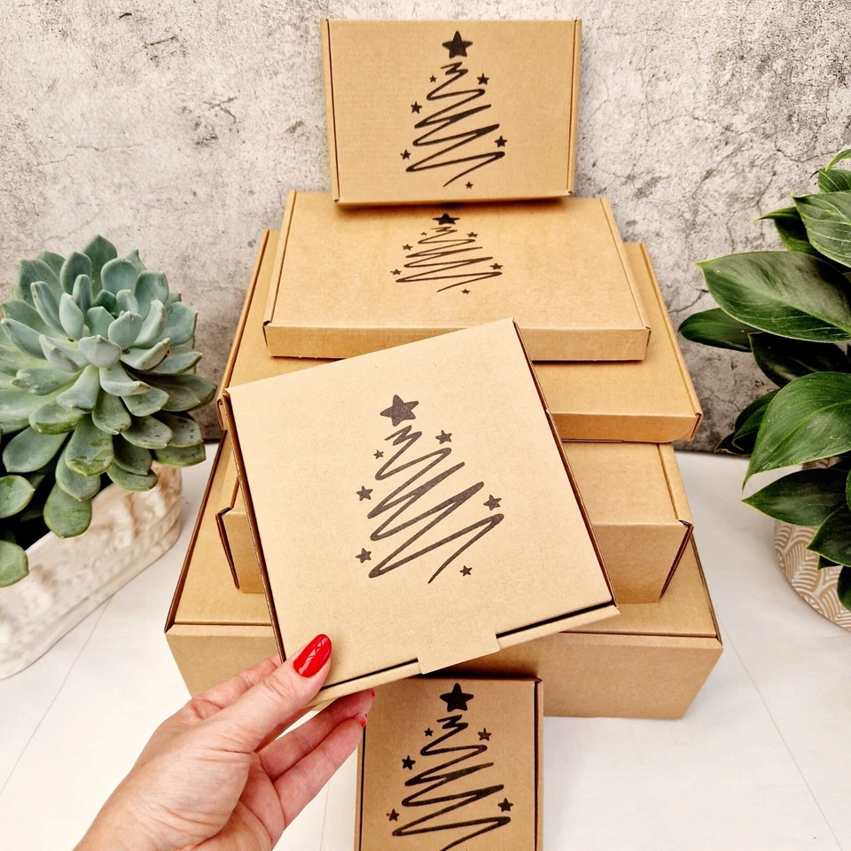 I&G ECO Christmas Empty Gift Box With Christmas Tree Stamp. Mini Small Medium Hamper Box