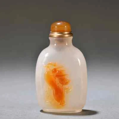 Stunning Translucent Agate Snuff Bottle with Cricket & Zucchini Carved - Image 1 of 4