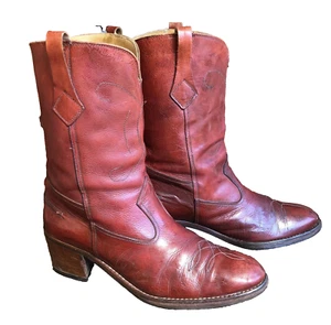 Vintage Leather Cowboy Boots Mens 42 Red Brown Italy Classic Retro Horse Rider - Picture 1 of 19