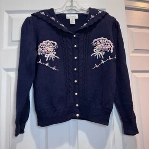 VTG Margules Navy Womens Floral Embroidered Cardigan Puff Sleeve Size M Cottage - Picture 1 of 18