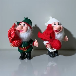 2 VTG Flocked Elf Dwarf Pixie Gnome Christmas Ornament Santa’s Helper Unbranded - Picture 1 of 6