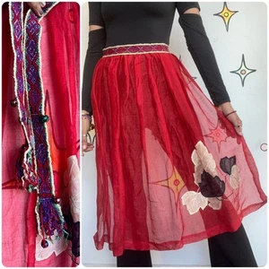 Vintage Red Sheer Patchwork Apron w Bells Boho Cottage Core Babydoll | One Size - Picture 1 of 3