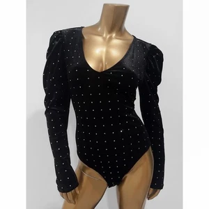 H&M Damen Body schwarz Puffärmel V-Ausschnitt Velours mit Nieten Gr. M - Bild 1 von 6
