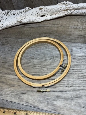 2 Vintage Round Wood Embroidery Hoop Screw Tension 6” & 5” Made in Taiwan  - Image 1 of 4