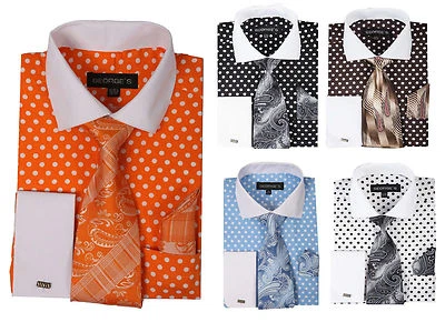 Men's Cotton Polka Dot Dress Shirt Set #613 Contrast Spread Collar French Cuff  - Image 1 of 4