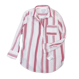 New Liz Claiborne Shirt Cotton Blend White Red Stripe Relaxed Long Sleeve Small - Picture 1 of 12