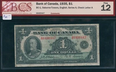 1935 Bank of Canada $1 - BCS Fine 12 - Cat #BC-1 - S/N: A6400447/A - Image 1 of 2