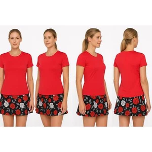 Set tennis Sofibella rosso nero floreale manica corta top gonna performance donna L - Foto 1 di 14