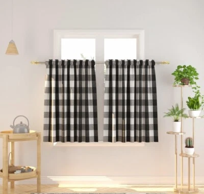 New Black and White Buffalo Plaid Gingham Check 2 Curtain Panels 36 in - Image 1 of 4