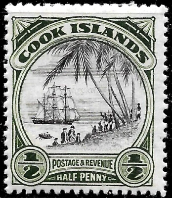 1933 Cook Islands Sc#91 perf 14 Palms MLH OG🔥SHIP,BOAT/ LANDIN OF CAPT.COOK🔥 - Image 1 of 2