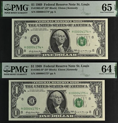 1969 $1 FRN St. Louis PMG 66EPQ 2-consecutive low serial number star 4174 & 4175 - Image 1 of 4