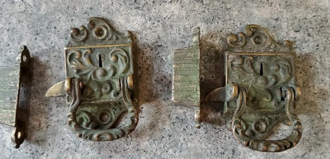 2 Antique Very Ornate Solid Brass fmco Antique Door latch & Lock Cover