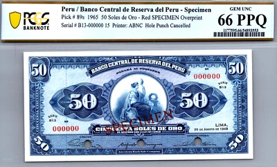 Peru 50 Soles 1965 PCGS 66 PPQ GEM UNC Pick # 89s - Image 1 of 3
