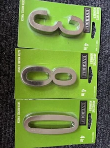 3 Pk House Number 3,0,8 Self Adhesive Flush Mount Satin Nickel 4 in. NEW - Picture 1 of 1