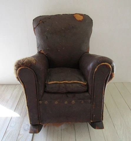 Vintage Small Distressed Leather Rocker Club Chair  Salesman Sample Doll Bear Cover