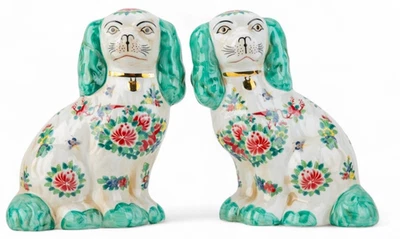 STAFFORDSHIRE REPRODUCTION PORCELAIN GREEN ROSE MEDALLION DOGS FIGURINES- 9''H - Image 1 of 4