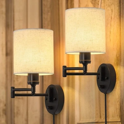 BRANDED Plug in Wall Light Set of 2, Swing Arm Wall Lamps, Modern Bedroom Wall Sconce Fi