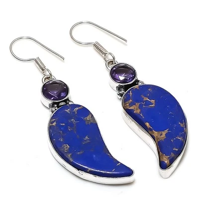 Copper Lapis Turquoise, Amethyst Gemstone 925 Sterling Silver Earring 2.17 " W21 - Image 1 of 4