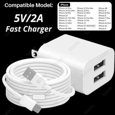 Fast Charger Cord 5V2A Dual USB Power Adapter Block For iPhone 14 13 12 11 8 7 6 - Image 1 of 4