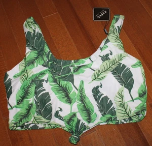 Top de bikini corto nudo frontal hoja tropical verde y blanco ZAFUL para mujer talla XXL NUEVO CON ETIQUETAS - Imagen 1 de 2