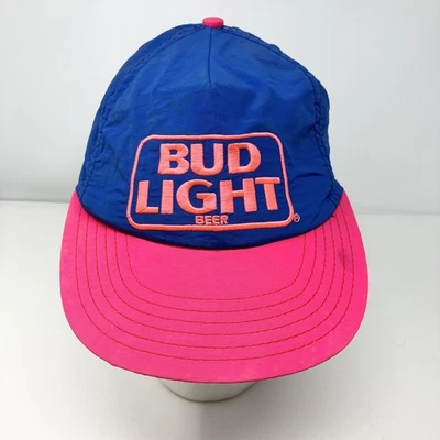 VINTAGE Bud Light Hat Cap Snap Back Blue Pink Advertising Beer Made USA Mens 90s - Image 1 of 4