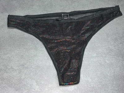 VICTORIAS SECRET COTTON SIGNATURE LOGO TRIM THONG PANTY BLACK STARDUST GLITTER - Image 1 of 4