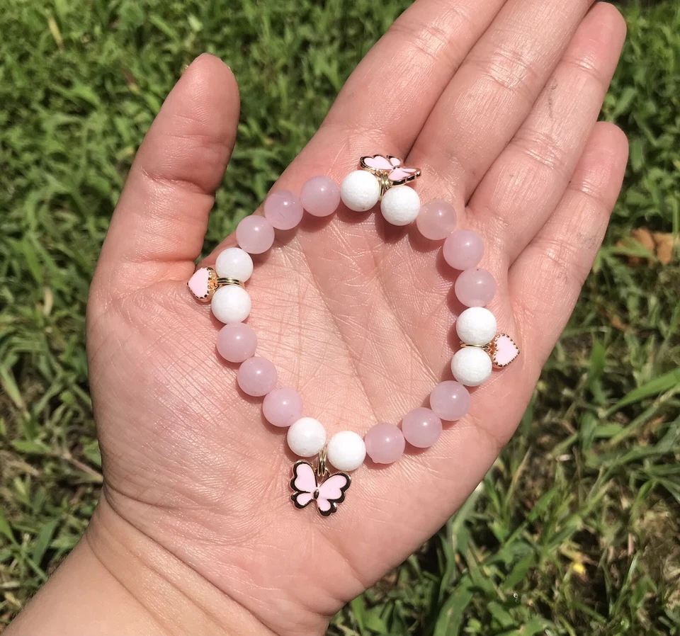 Butterfly and Heart Rose Quartz Beaded Charm Bracelet - Image 1 of 1