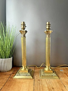 LARGE PAIR OF VINTAGE BRASS CORINTHIAN COLUMN HALL TABLE LAMPS OLD COUNTRY HOUSE - Picture 1 of 13