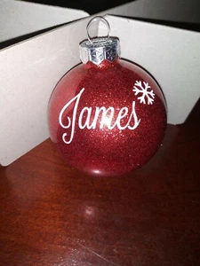 Personalized Christmas Ornament Ball.  "James" Red Glitter  - Picture 1 of 2