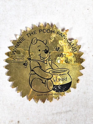1964 Winnie The Pooh Fan Club • Sears • 3.5" Gold Foil Sticker • Honey Hunny Jar - Image 1 of 4