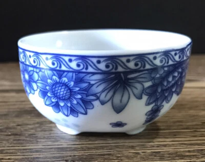 Blue White Tiny Oriental Footed Bowl 1.2” Tall Fine Porcelain Hand Decorated - Image 1 of 4