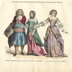 Personnages de qualité mode de 1665 - Dame de la Cour - Gravure de presse 1880 - Picture 1 of 2