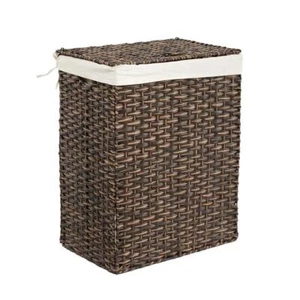 Laundry Hamper Basket Lidded Rectangular Brown Collapsible Wicker Washable Liner - Picture 1 of 8