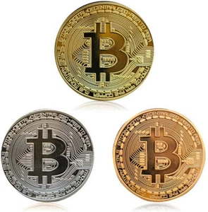 Lot de 3 pièces de monnaie Bitcoin collection BTC pièce de collection plaqué physique couleur or - Photo 1/5