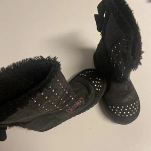 Twinkle Toes Black Boots by Sketchers Lightup rainbow fleece lined 10543L 12Y - Picture 1 of 6